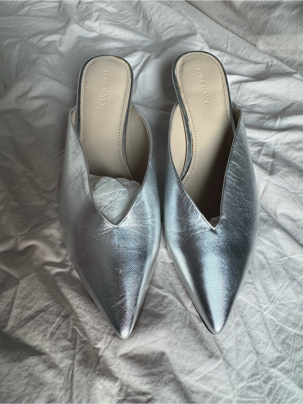 Pure Navy Metallic Silver Pointed V-Cut Slip-On Mules